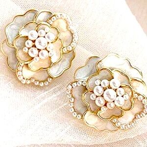NEW Ivory Stainless Steel Camellia Flower Pearl Stud Earrings - Floral Jewelry